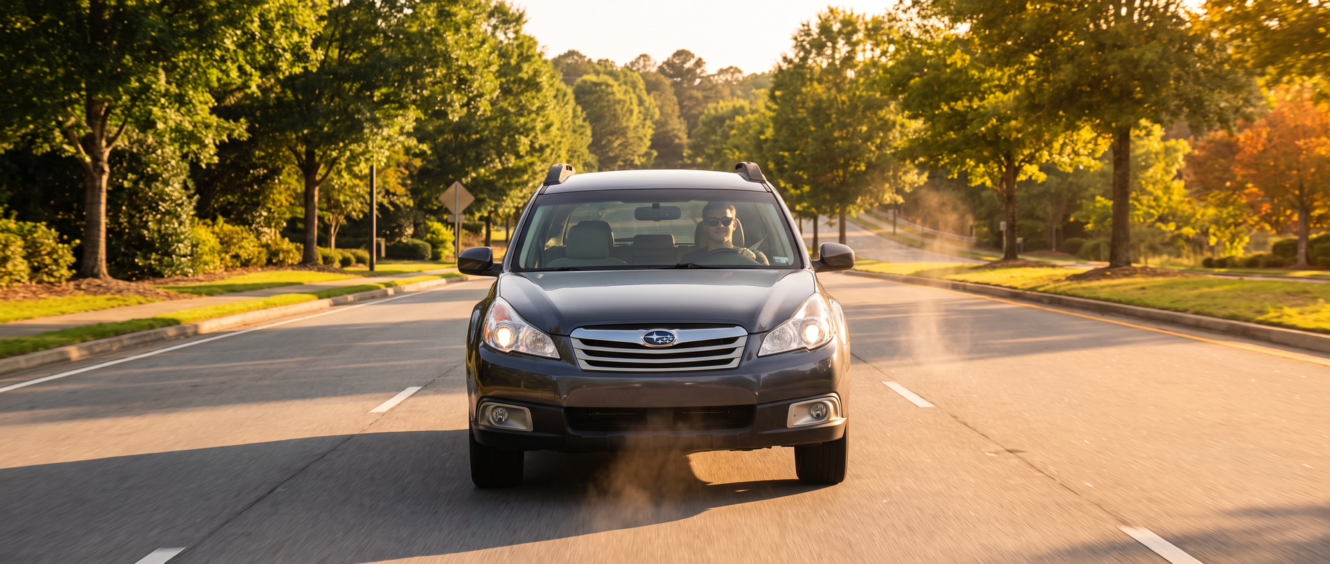 Suwanee commuter's car on a tree-lined Georgia road during August maintenance season