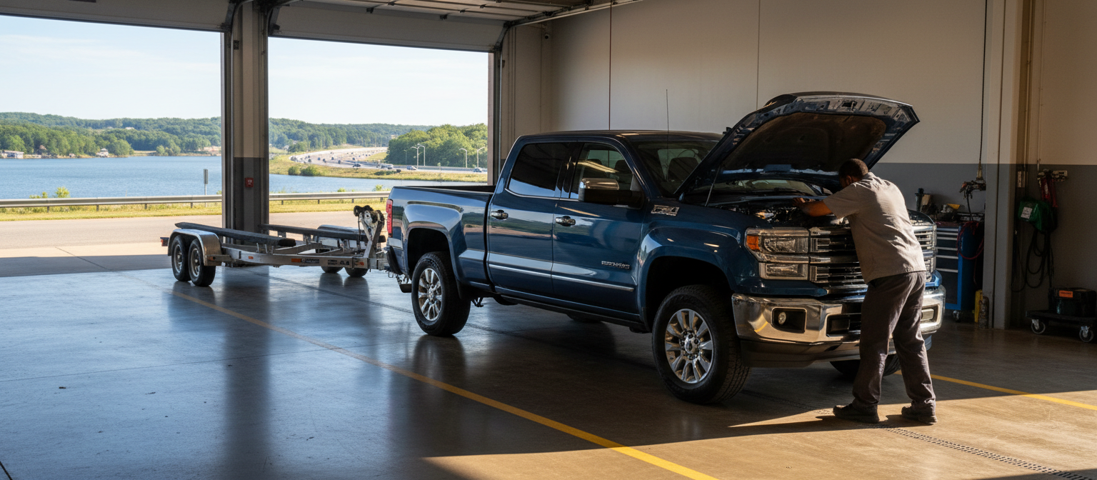 Team Ryan Automotive technician checking engine oil after a summer of towing trips near Lake Lanier,