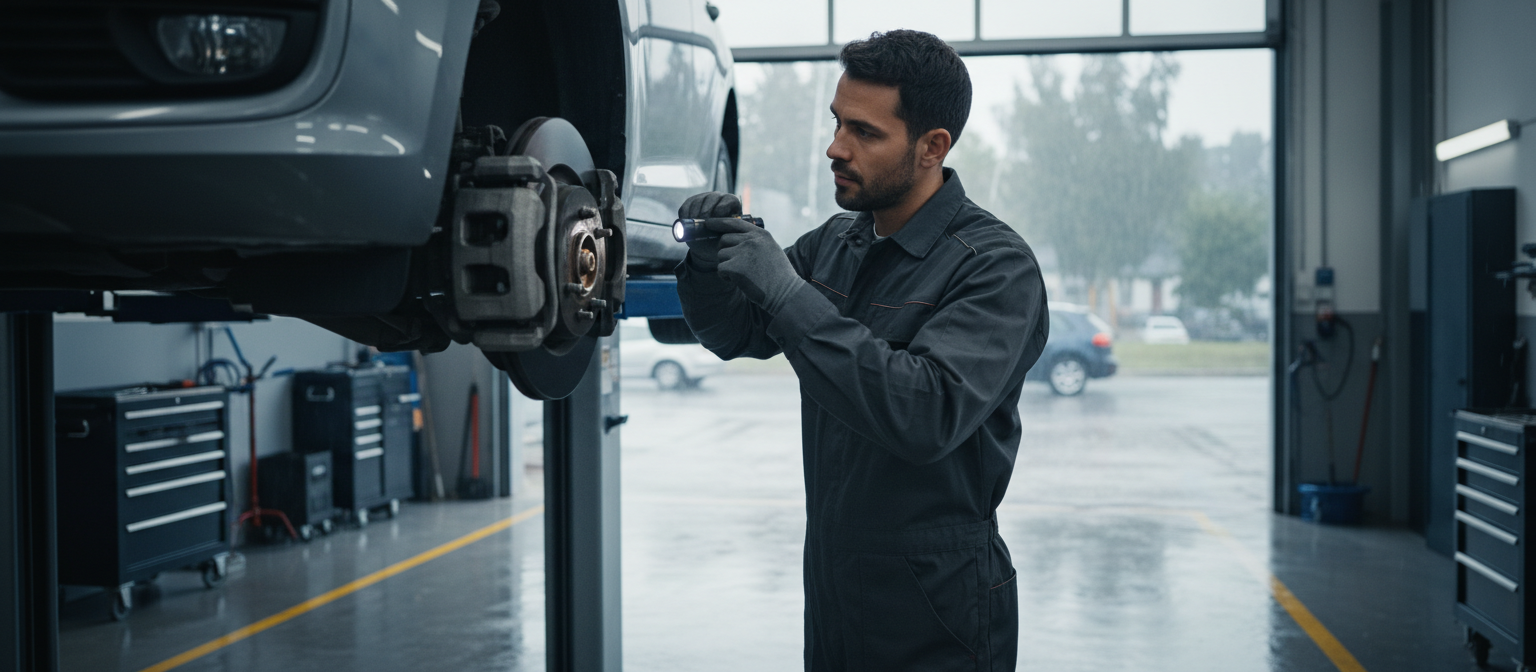 Team Ryan Automotive technician inspecting brake pads before fall rain in Suwanee, GA