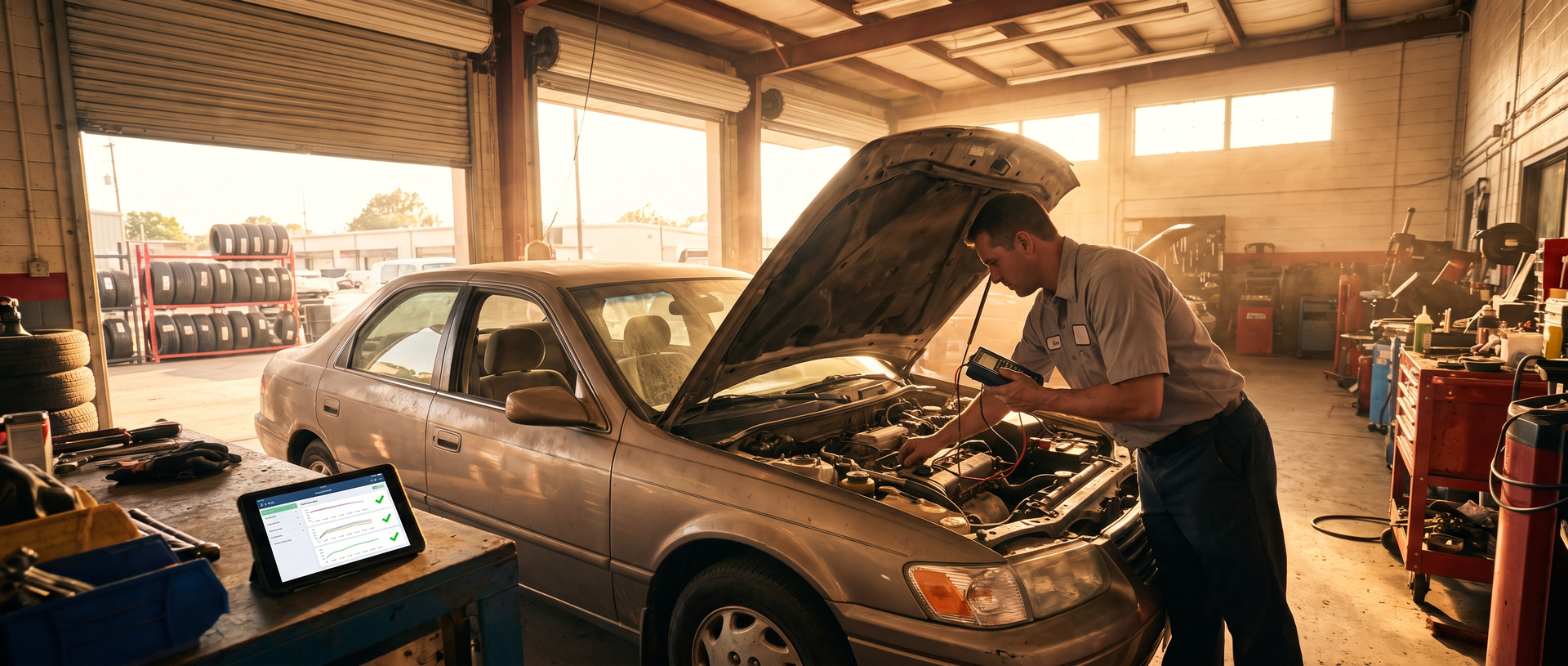Team Ryan Automotive technician testing a car battery after summer heat in Buford, GA.