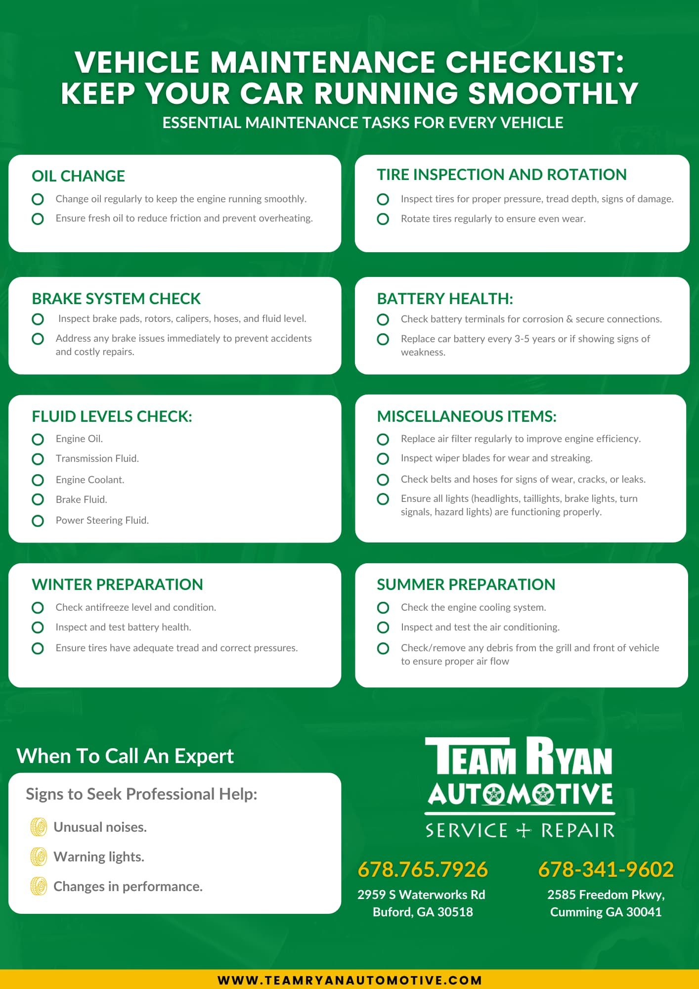 Green vehicle maintenance checklist poster with service tasks and Team Ryan Automotive contact info