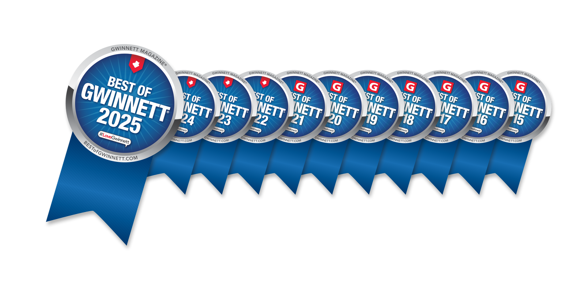 Row of blue “Best of Gwinnett 2025” award ribbons with one large badge in front