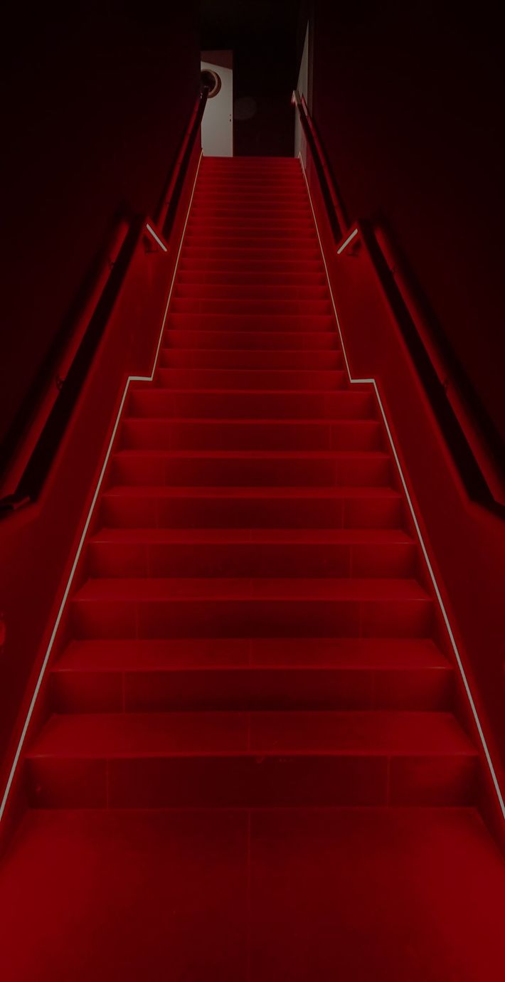 Il y a un tapis rouge dans les escaliers et un tapis rouge au sol.