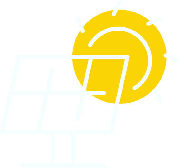 Yellow sun logo behind a white solar panel outline
