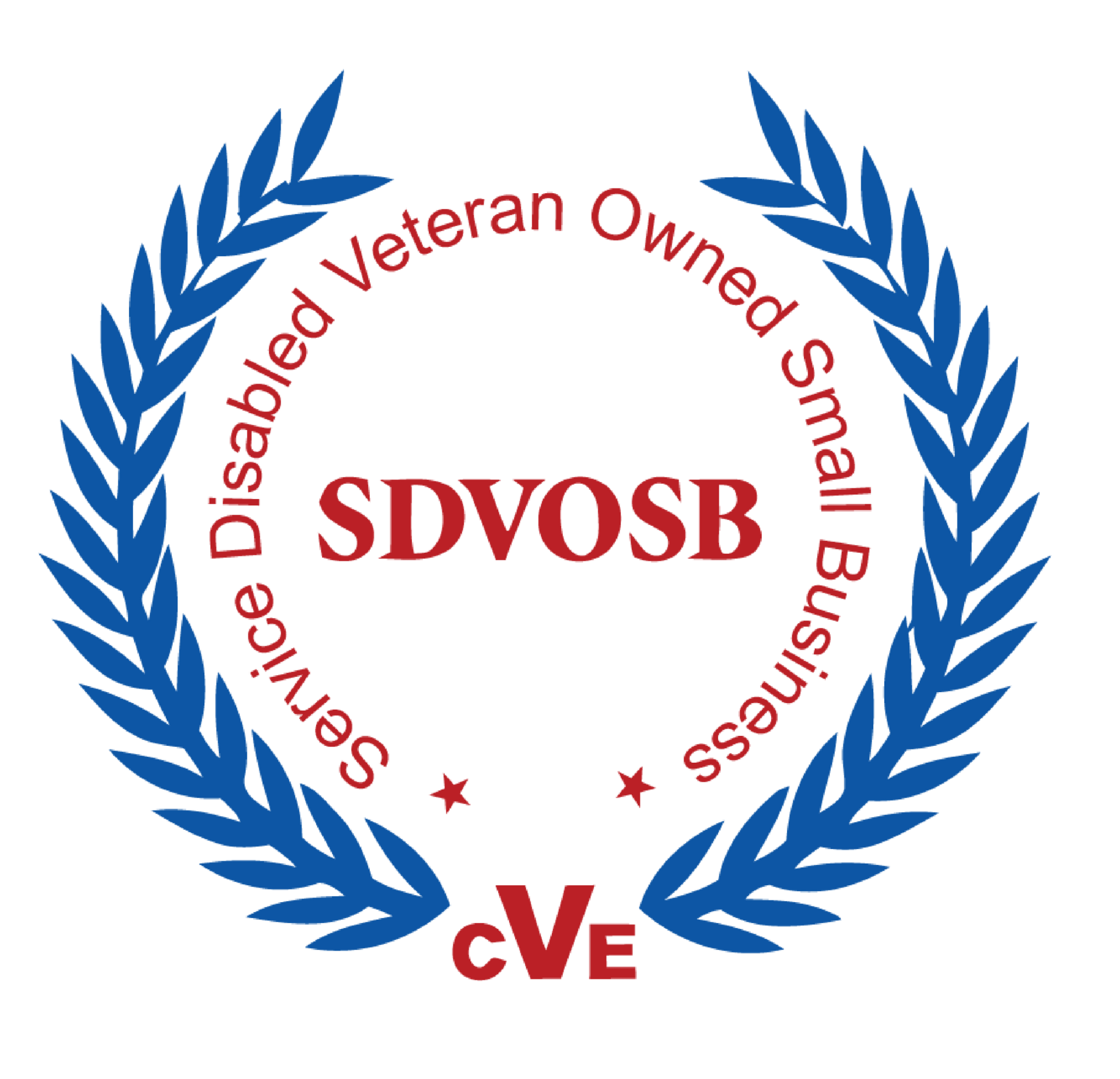 Disabled Veteran Owned Small Business logo with blue laurel wreath and red text “SDVOSB” and “cVe”