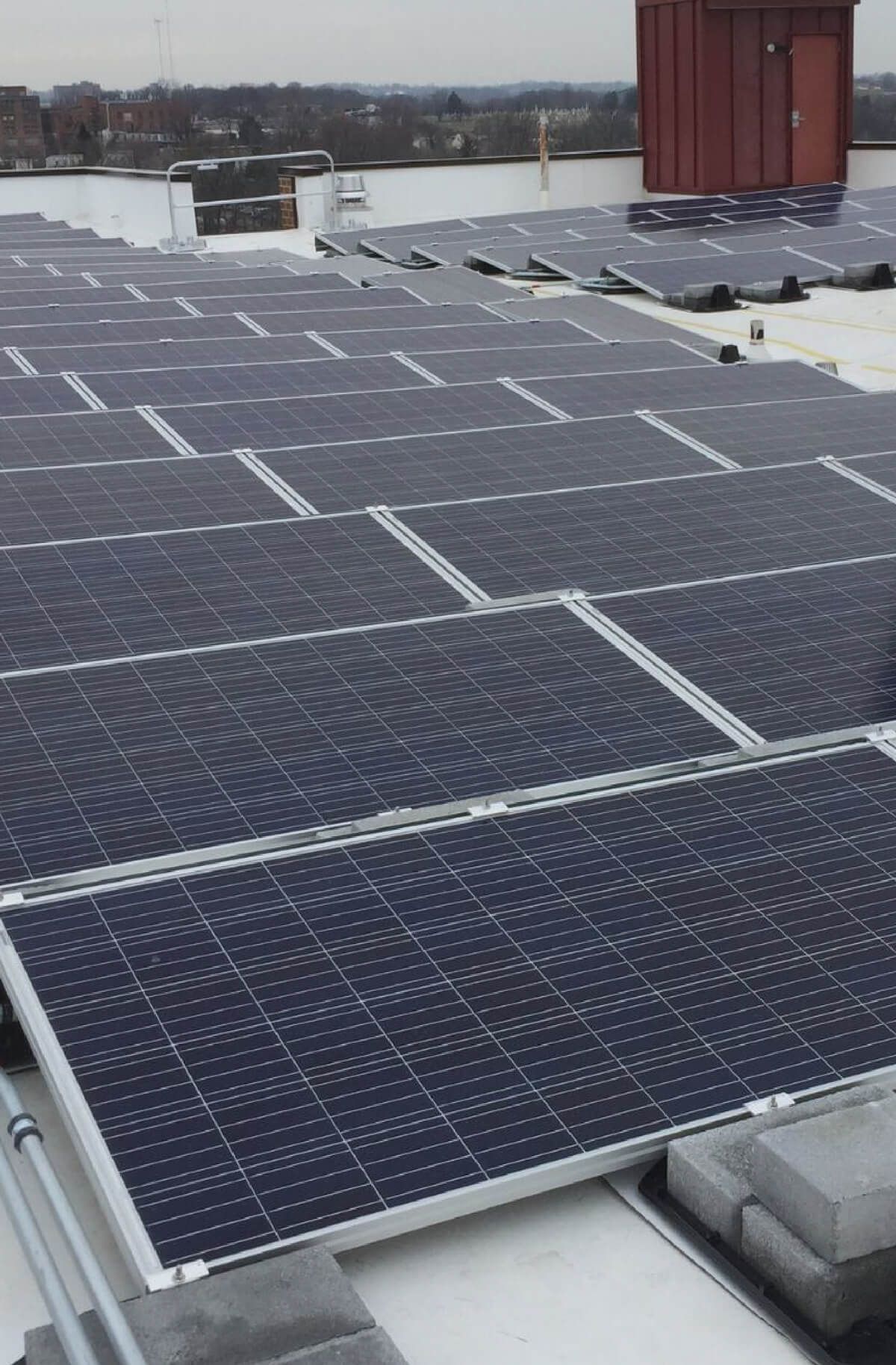 Solar panels covering a rooftop under an overcast sky