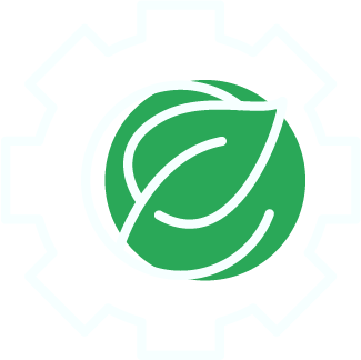 Green circular leaf logo with white curved lines on a light background
