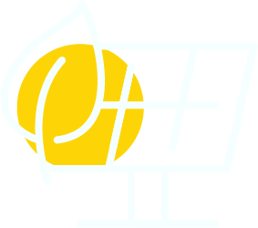 Yellow sun logo behind a white solar panel outline