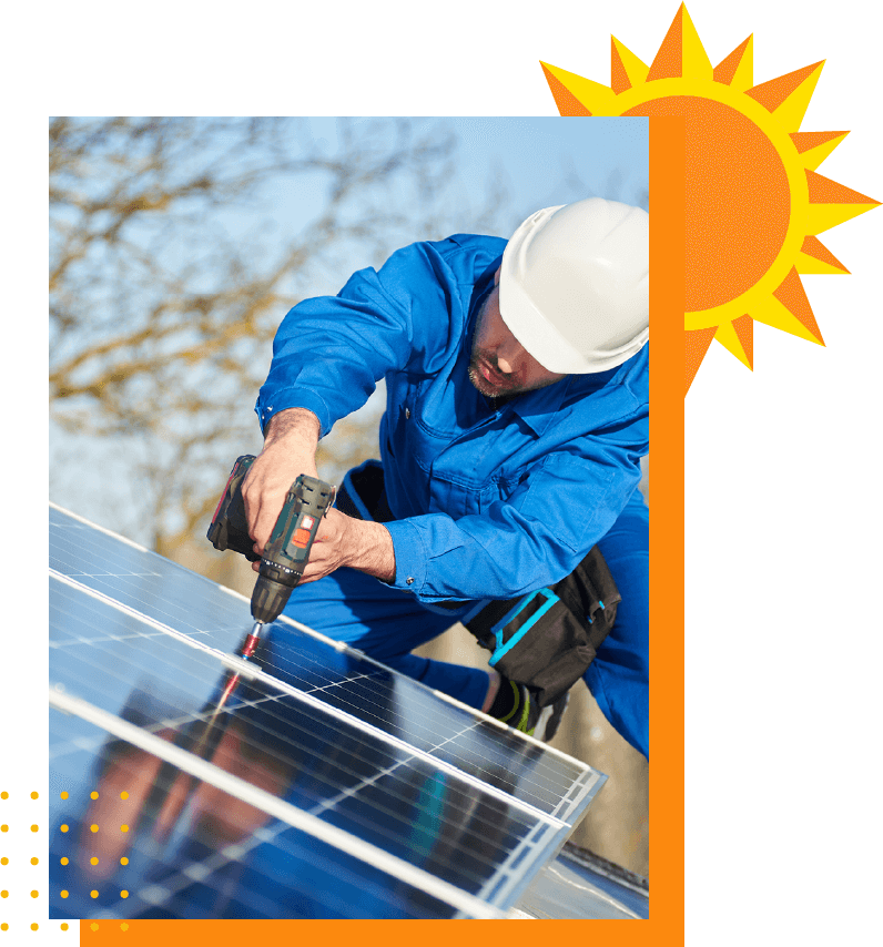 Worker in blue jacket installing solar panels under bright sun illustration