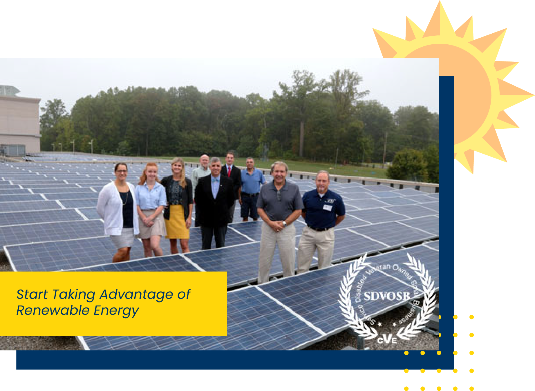 People standing on a solar panel array beside a sun graphic and “smart taking advantage of renewable energy” text