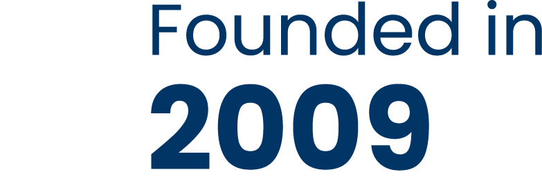 Text reading “Founded in 2009” in dark blue on a white background