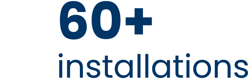 60+ installations in dark blue text
