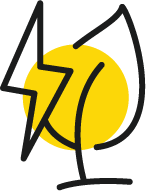 Abstract black lightning bolt over a yellow circle with a white flame-like shape behind it
