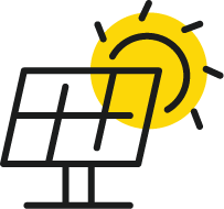 Solar panel with yellow sun icon behind it