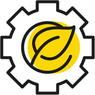 Black gear icon with a yellow leaf inside, suggesting an eco settings or sustainability symbol