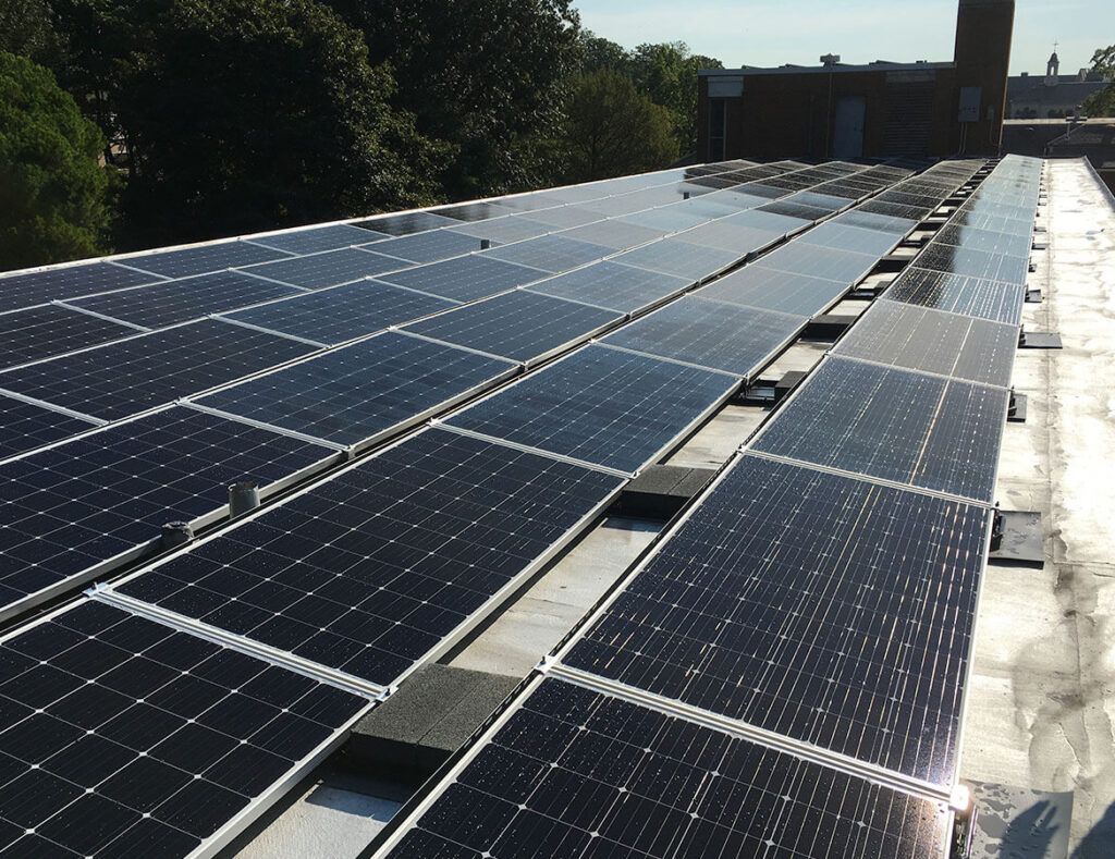 Rows of dark solar panels on a rooftop in bright sunlight