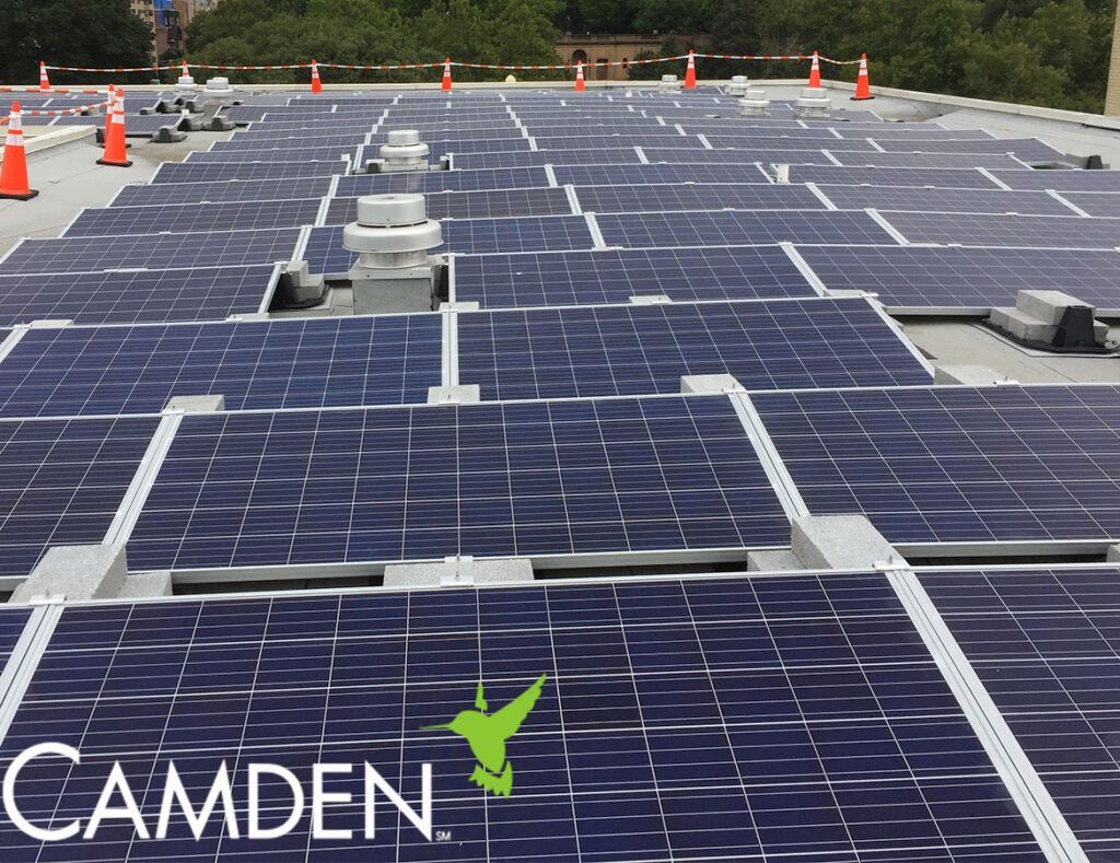 Solar panels on a rooftop with orange safety cones and a Camden logo in the corner