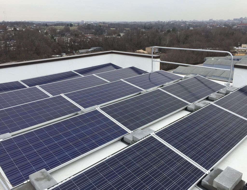 Rooftop covered with blue solar panels under a cloudy winter sky, with trees in the distance