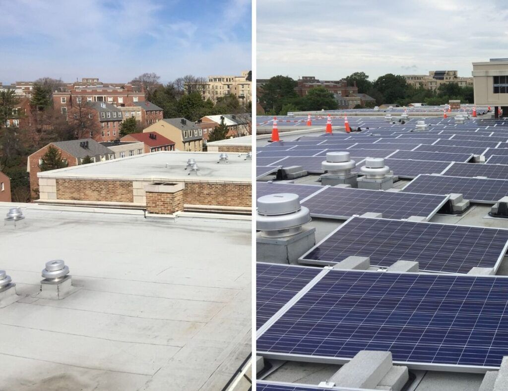 Split rooftop solar panels, with white roof membranes and a cityscape in the background.