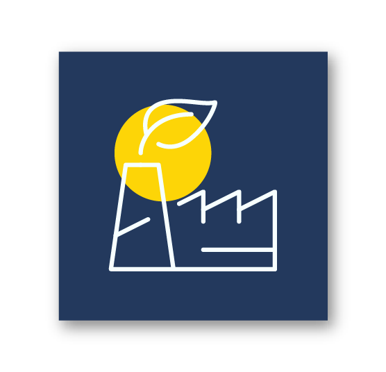 White factory line art over a yellow sun on a navy square background
