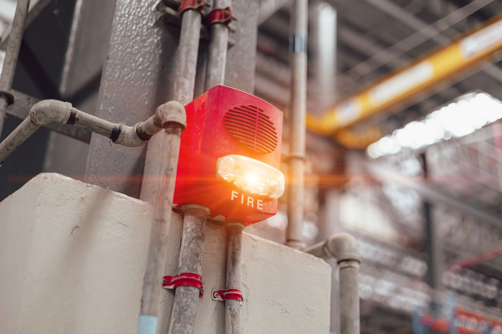Bright red fire alarm, illuminated, mounted on a wall with pipes. Bright red fire alarm, illuminated, mounted on a wall with pipes.