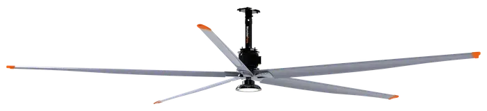 A large ceiling fan is hanging from the ceiling on a white background.