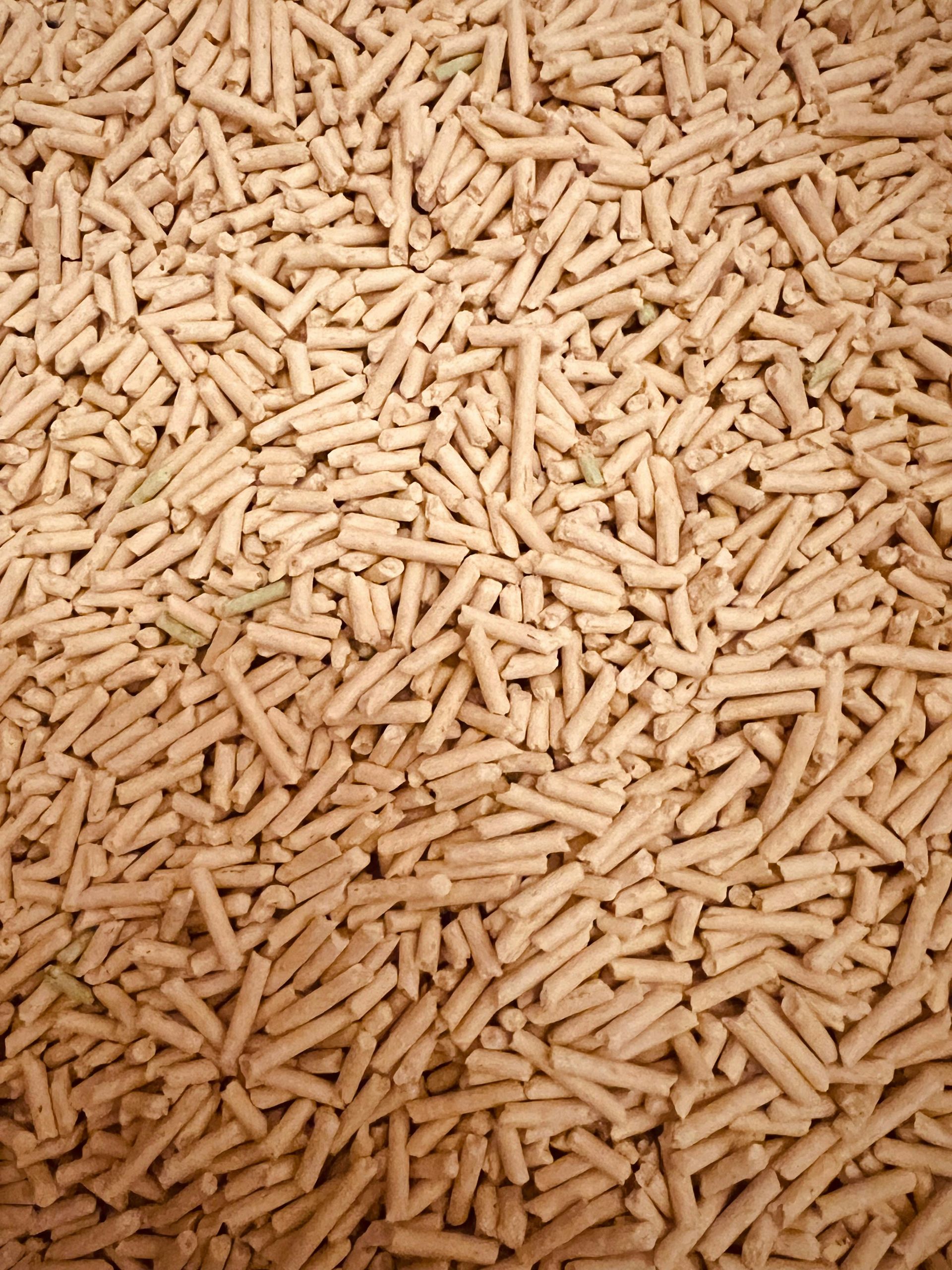 Vista ravvicinata di numerosi piccoli pellet di legno cilindrici di colore marrone chiaro, utilizzati per il riscaldamento o come lettiera per animali.