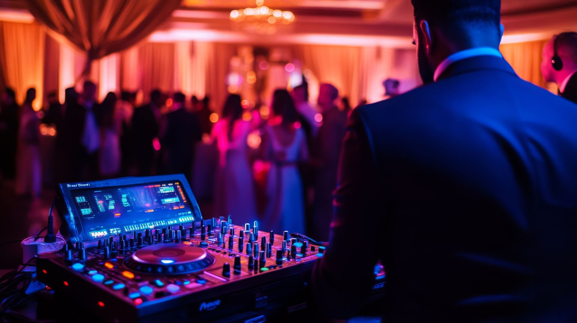DJ booth at a lively party, with a laptop and mixer glowing under purple and red lights.