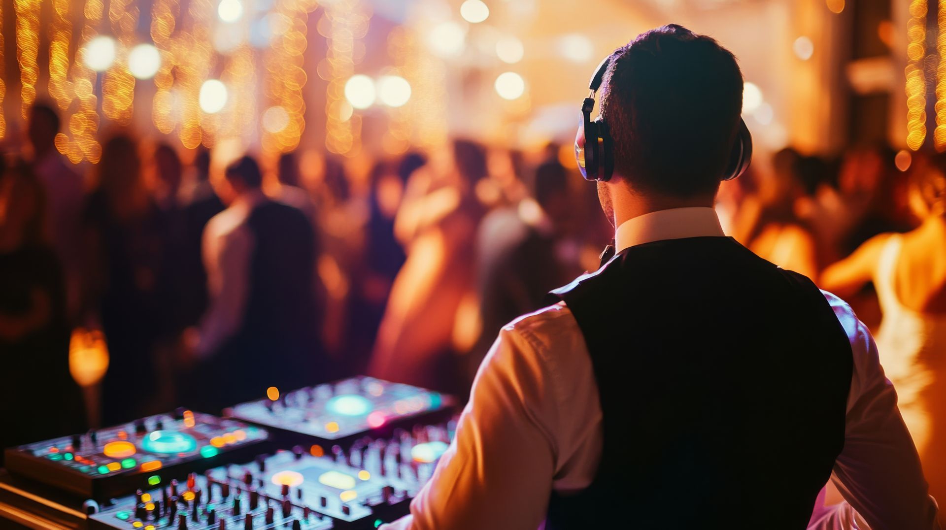 DJ mixing music at a lively party with colorful lights and dancing crowd