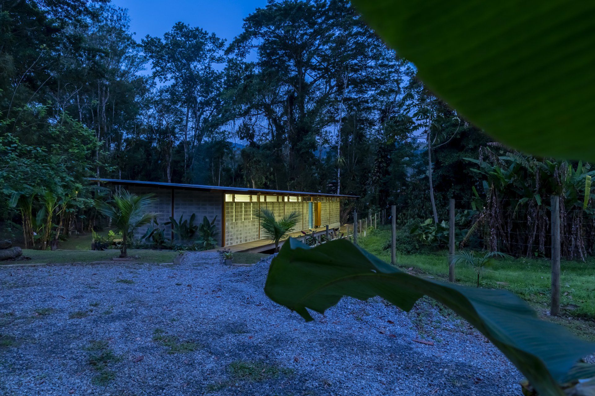 Uma casa no meio de uma floresta à noite.