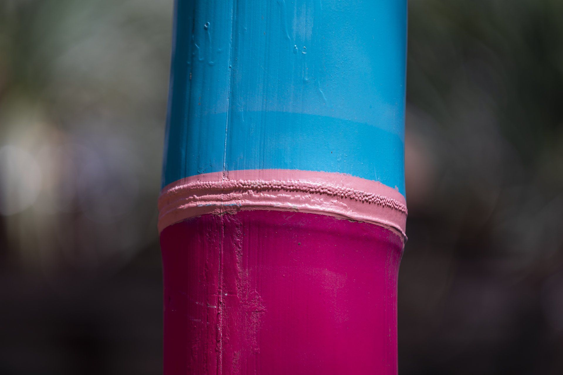Um close de uma vara de bambu rosa e azul.