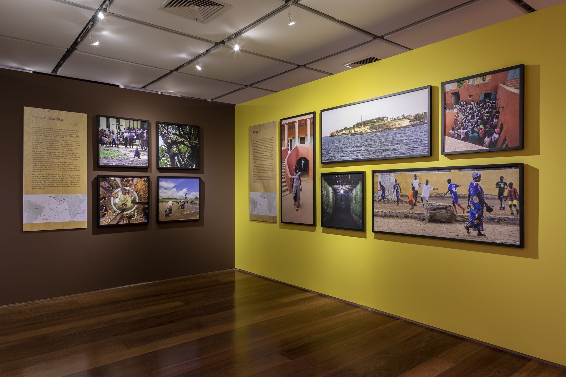 Uma sala com muitos quadros na parede e piso de madeira.