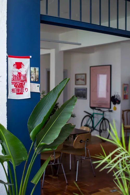 Uma bicicleta está estacionada em uma sala ao lado de uma planta.