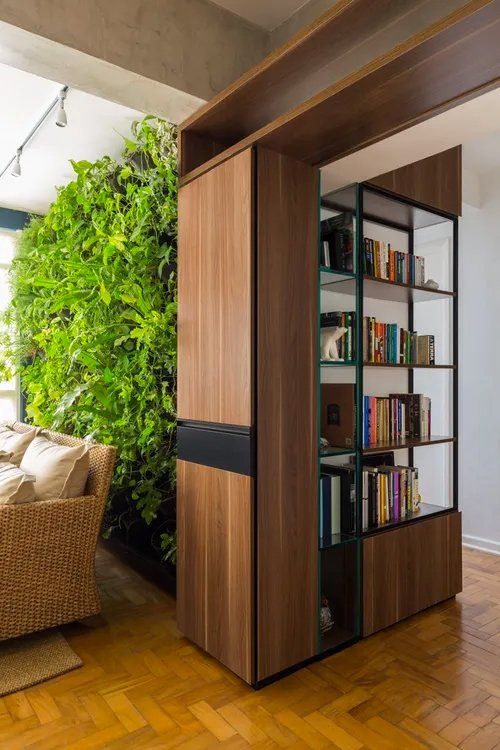 Uma sala com uma estante e uma parede verde atrás dela.