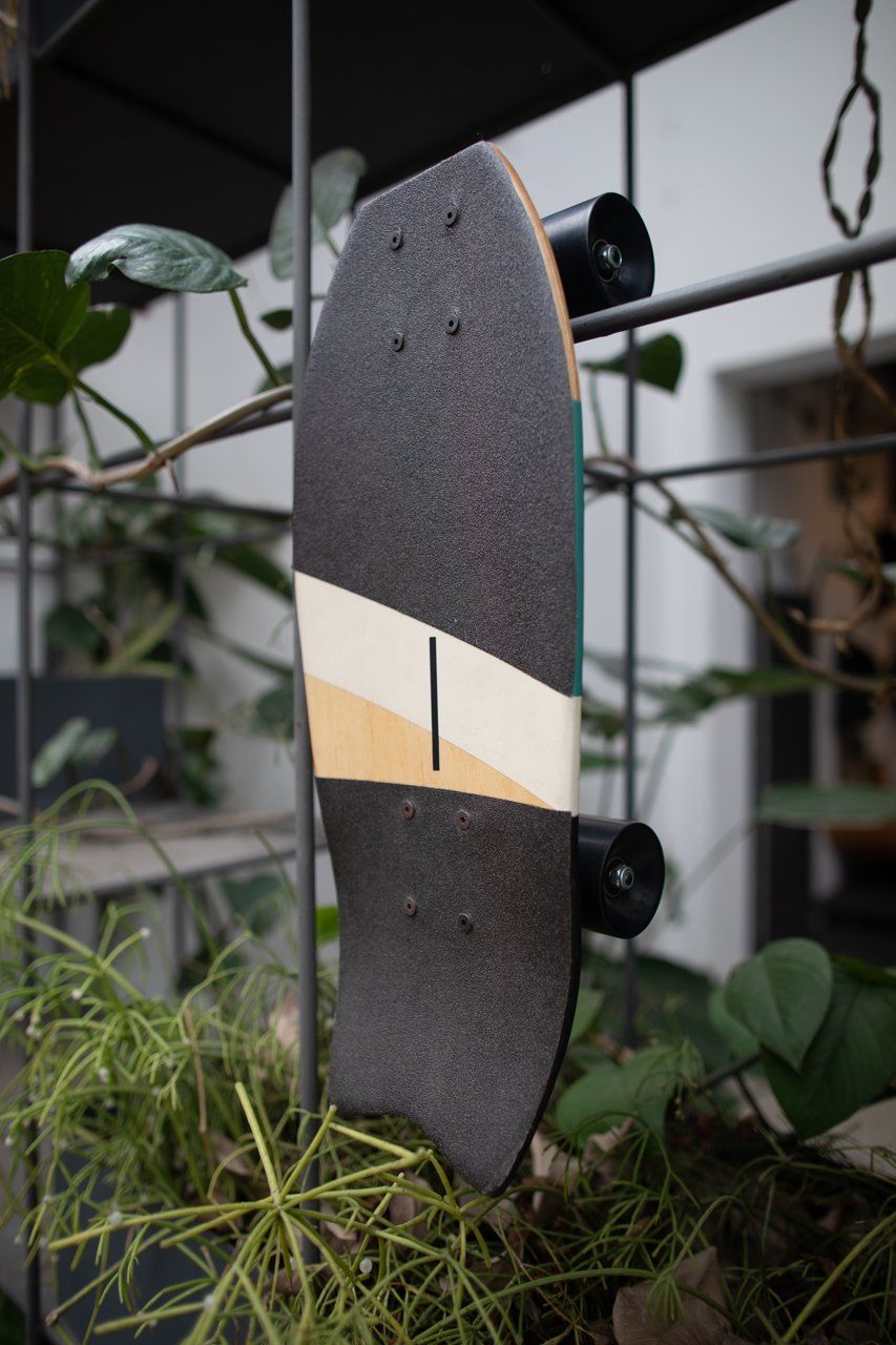 Um skate está pendurado em uma cerca ao lado de uma planta