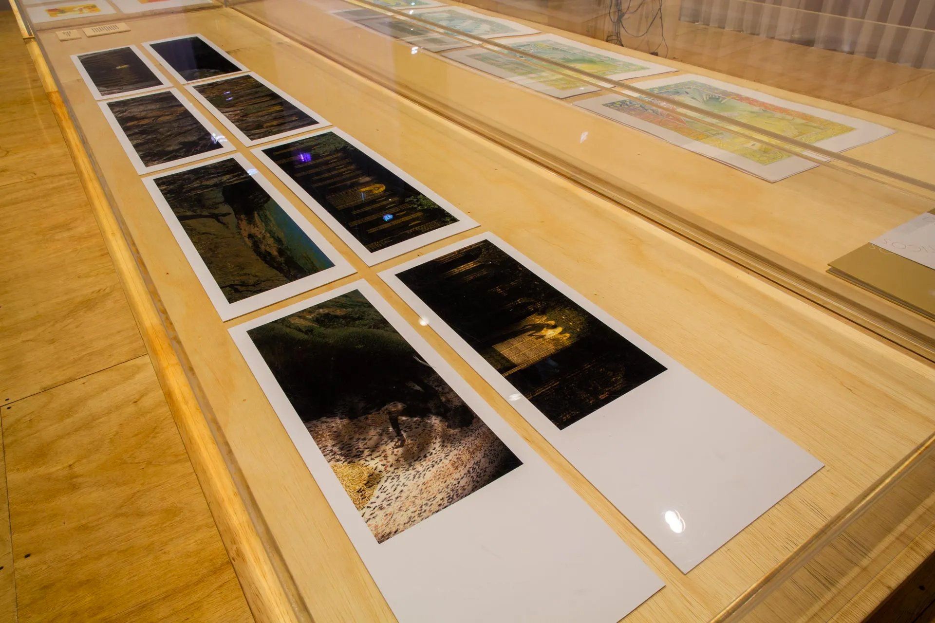 Uma vitrine com muitas fotos