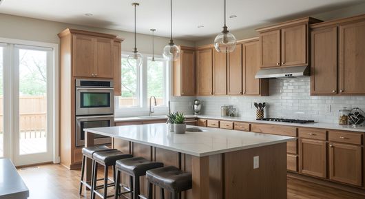 Bright modern kitchen with wood cabinets, granite island, stools, and large windows.