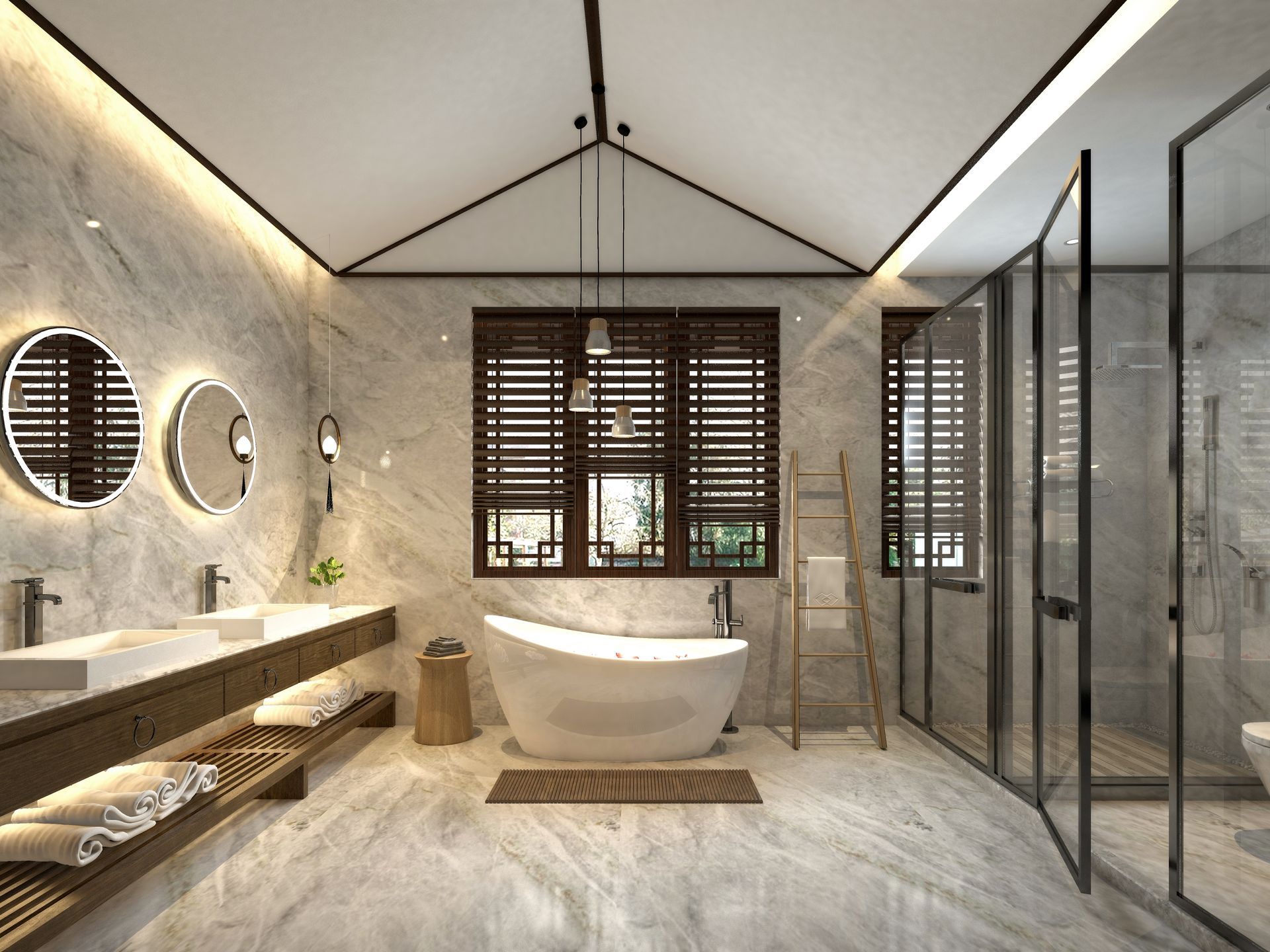 Modern bathroom with freestanding tub, dual sinks, glass shower, and wood accents under a vaulted ceiling