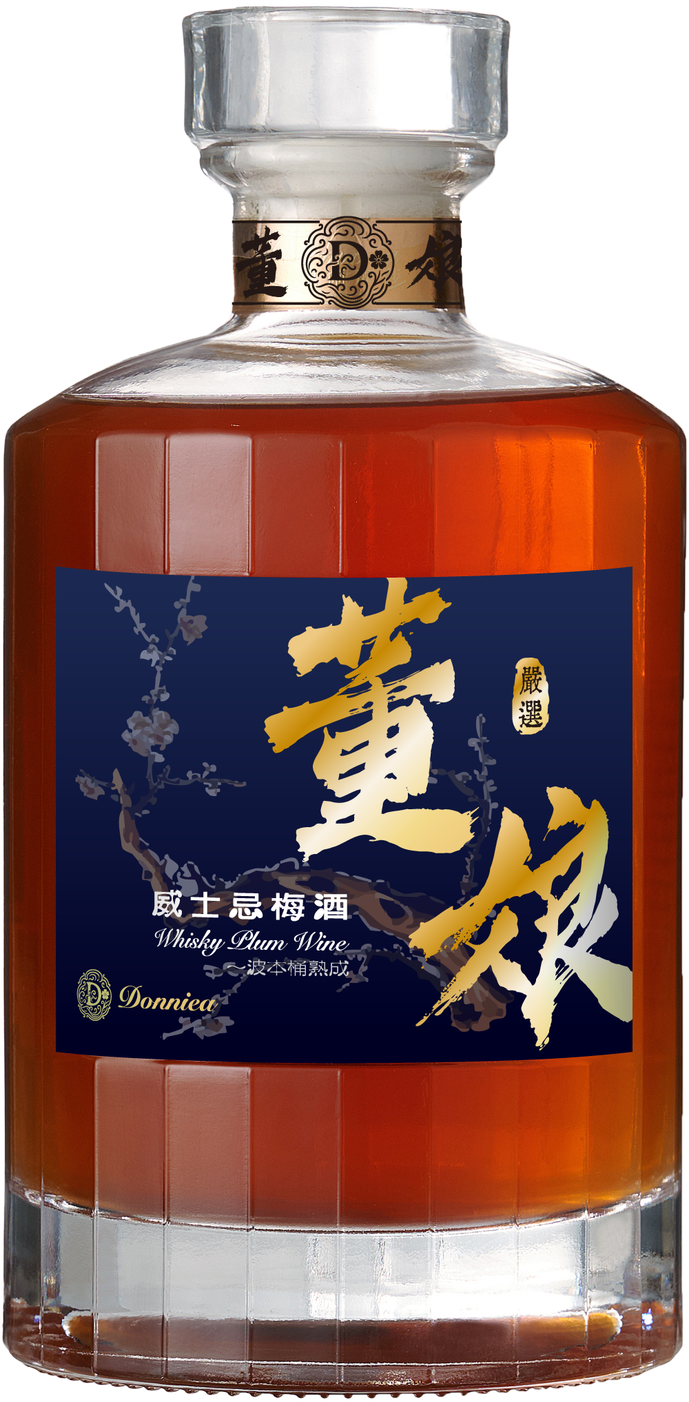 董娘威士忌梅酒以波本桶熟成威士忌為基底，搭配梅子 100% 純釀造，不添加香精、不使用濃縮還原。香草、焦糖與橡木桶氣息融合梅子酸甜，酒體厚實圓潤，風味成熟耐飲。