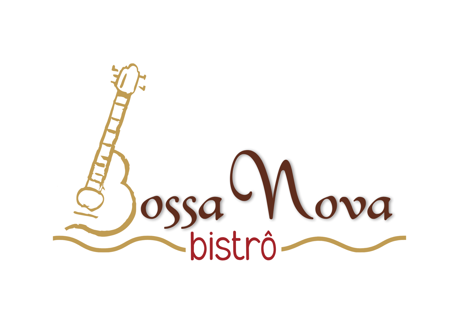 Logotipo do bistrô Bossa Nova: uma guitarra com texto em marrom e vermelho sobre fundo branco.