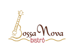 Logotipo do bistrô Bossa Nova: uma guitarra com texto em marrom e vermelho sobre fundo branco.