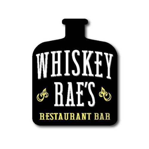The logo for Whiskey Rae 's restaurant bar is a bottle of whiskey.