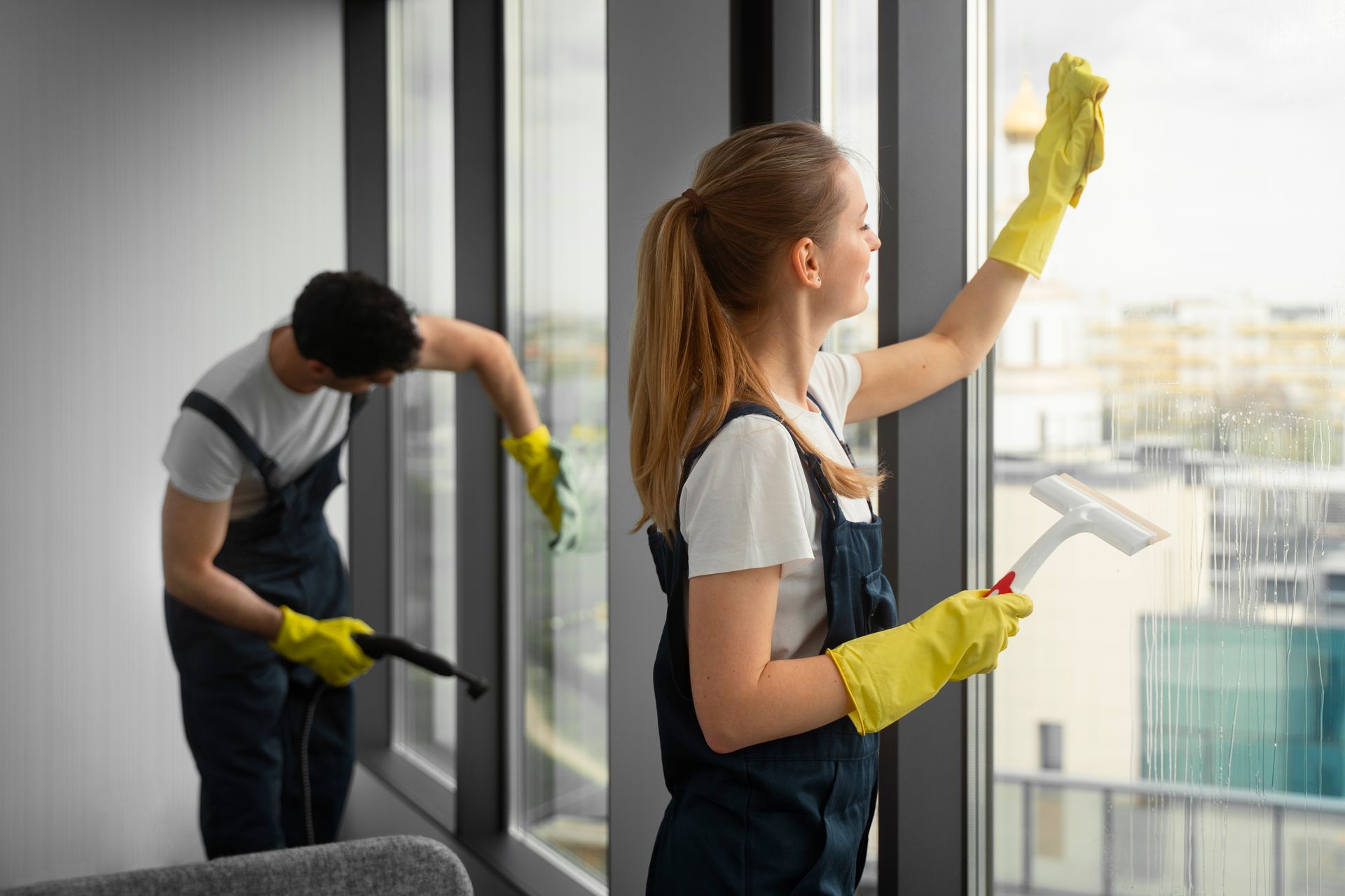 Two people cleaning a large window with spray and squeegee in a building with cityscape views.