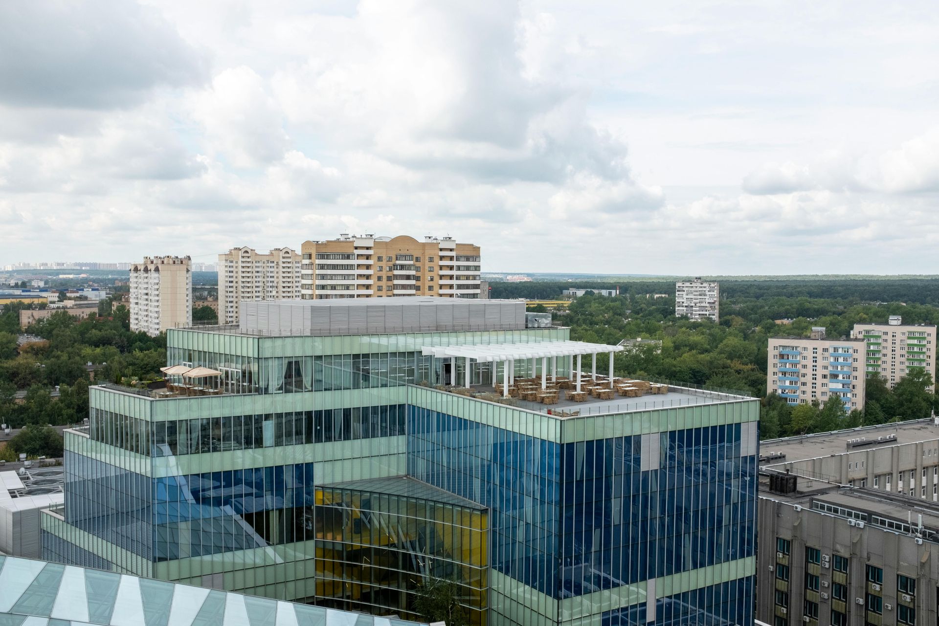 Modern glass-and-steel office building.