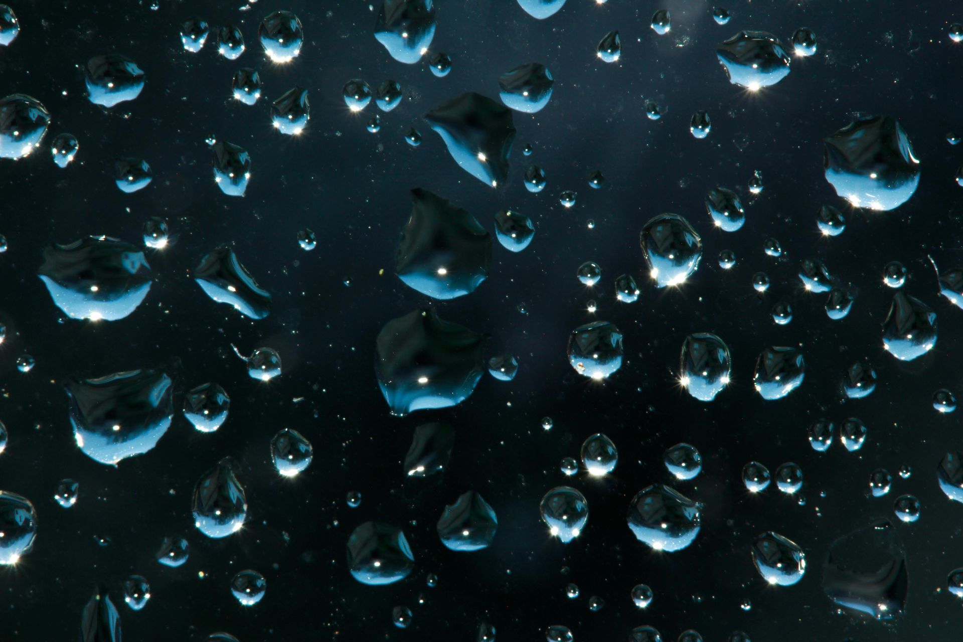 Water droplets on dark surface, reflecting blue light.