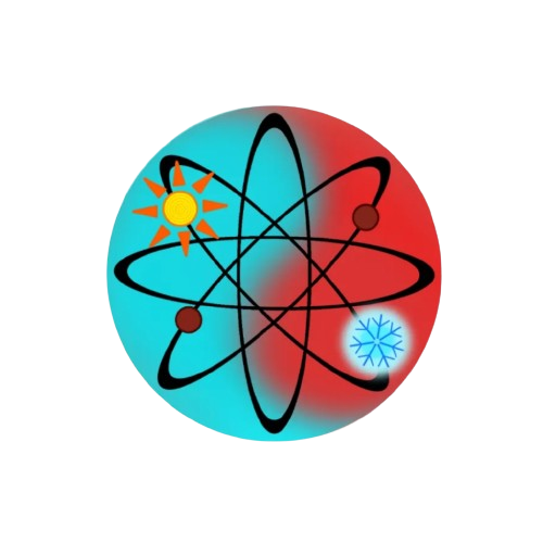 Blue and red sphere with atom graphic. Sun and snowflake symbols.