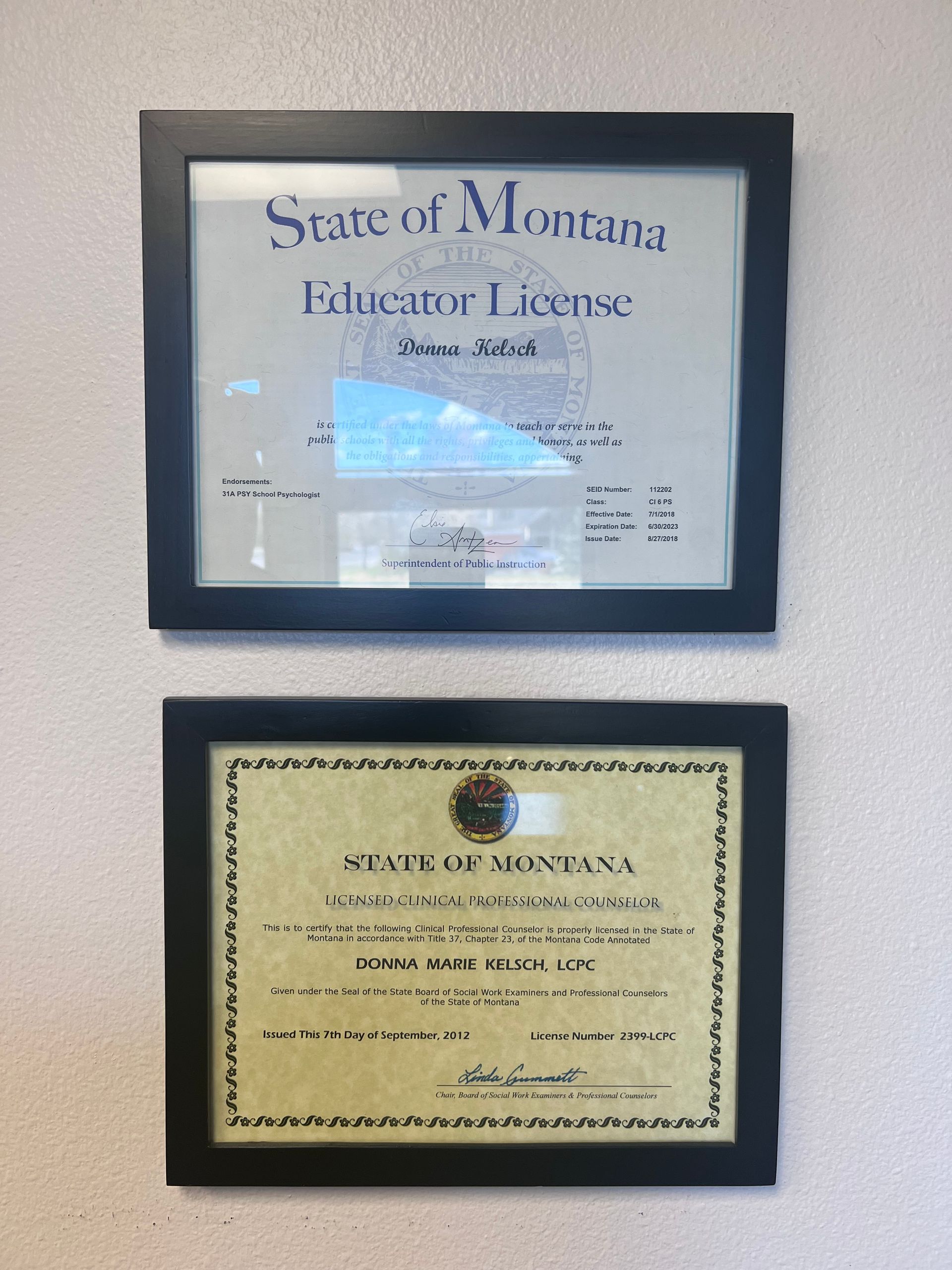 Two framed certificates one from the state of montana
