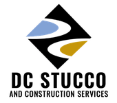DC Stucco logo: Black diamond shape with blue and gold swooshes; text "DC STUCCO" below.