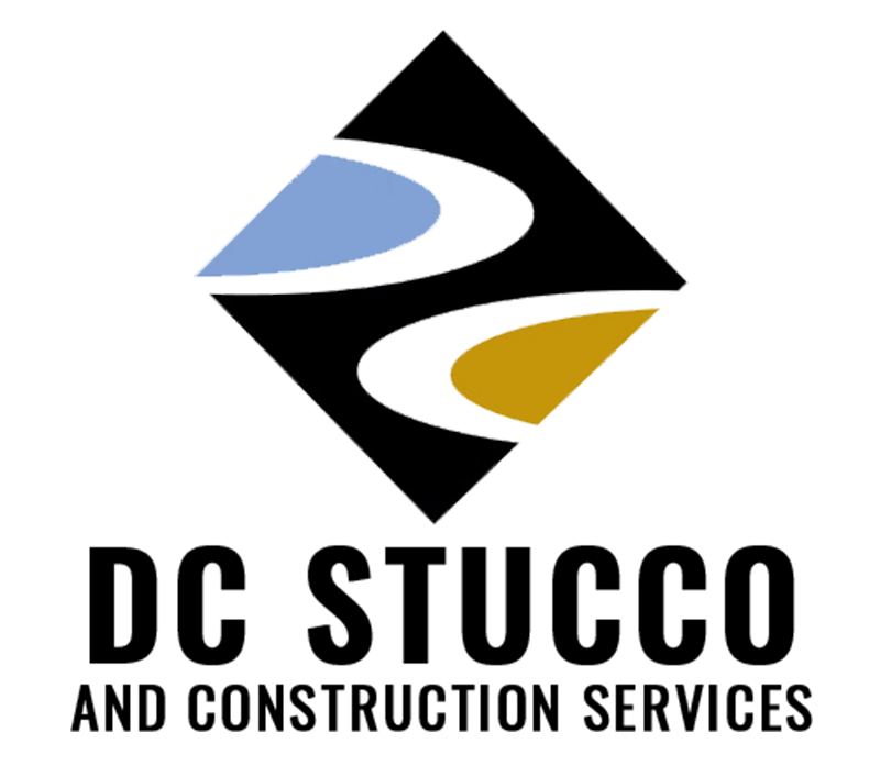 DC Stucco logo: Black diamond shape with blue and gold swooshes; text "DC STUCCO" below.