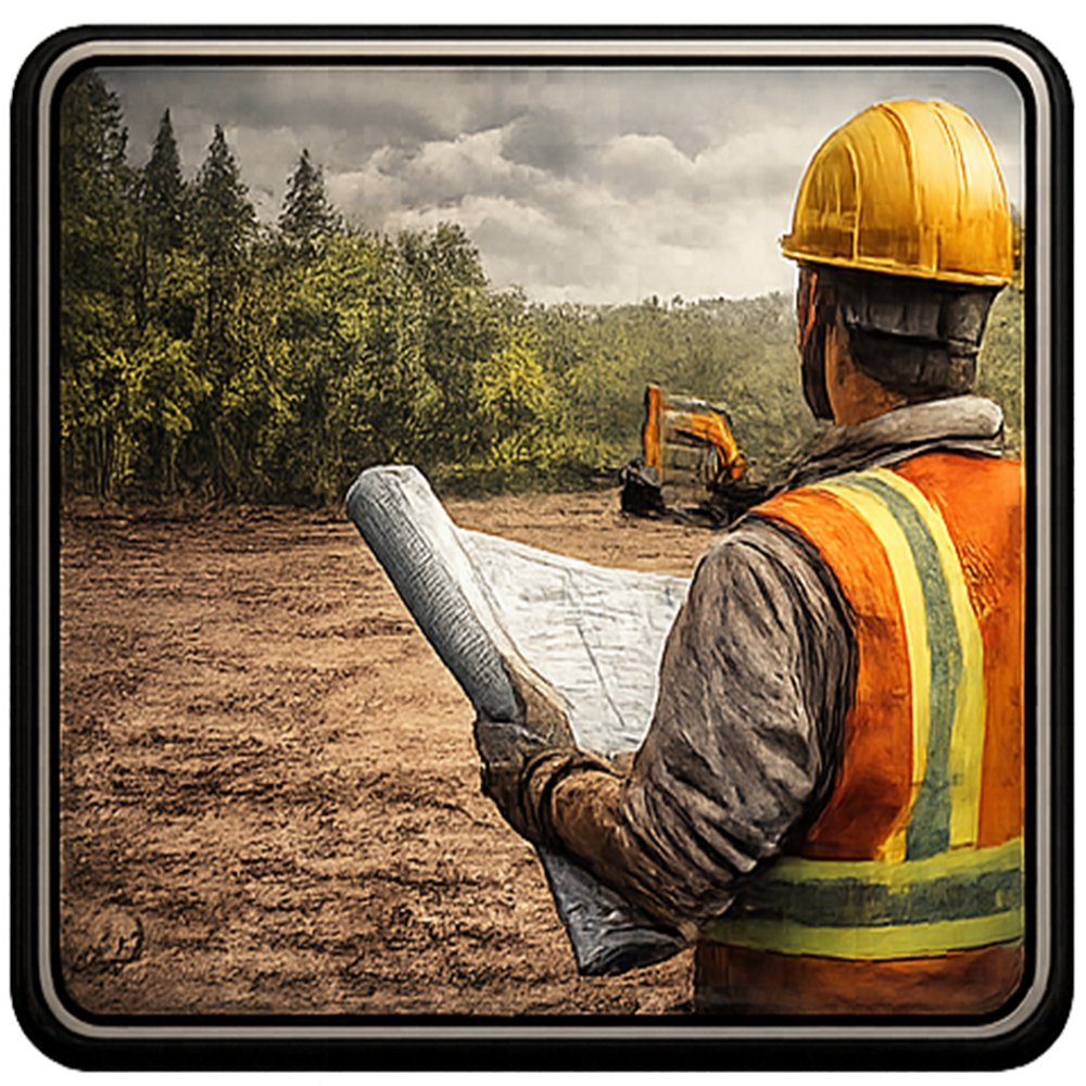 Construction worker in hard hat and vest reviews blueprints at a cleared construction site.